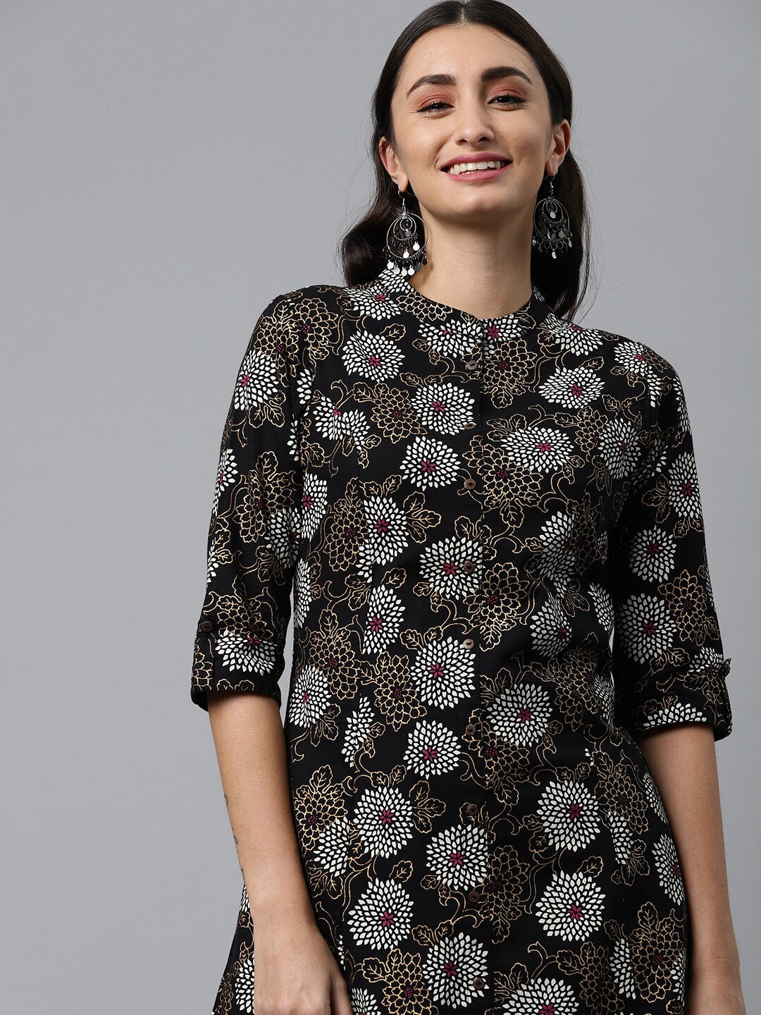 HERE&NOW Mandarin Collar Floral Printed Cotton Kurta - Distacart