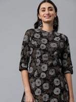 Thumbnail for HERE&NOW Mandarin Collar Floral Printed Cotton Kurta - Distacart
