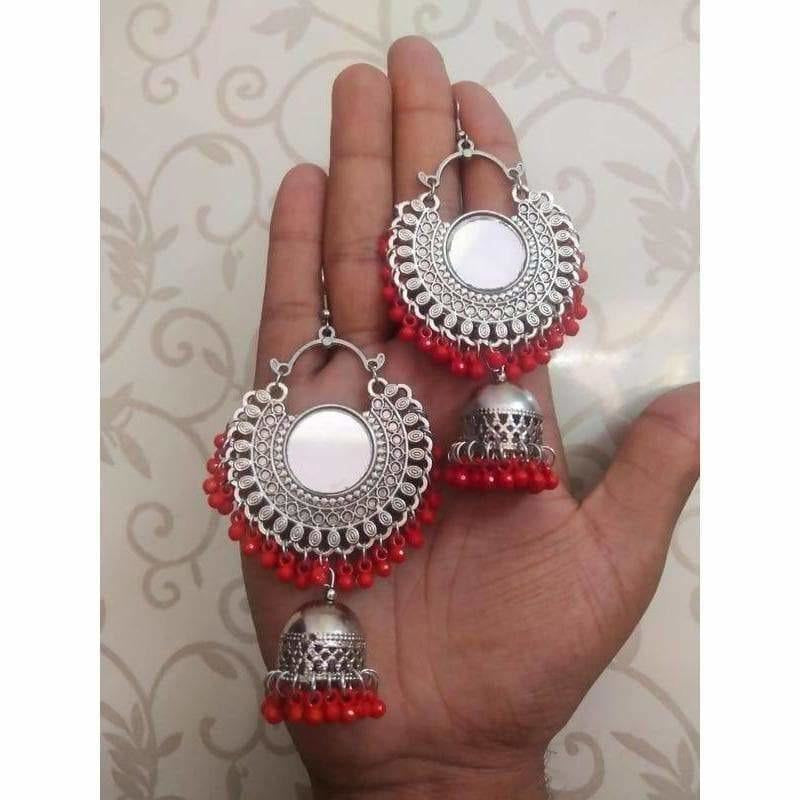Latest designer Red Color Pearls Mirror Tassel Jhumka Earrings