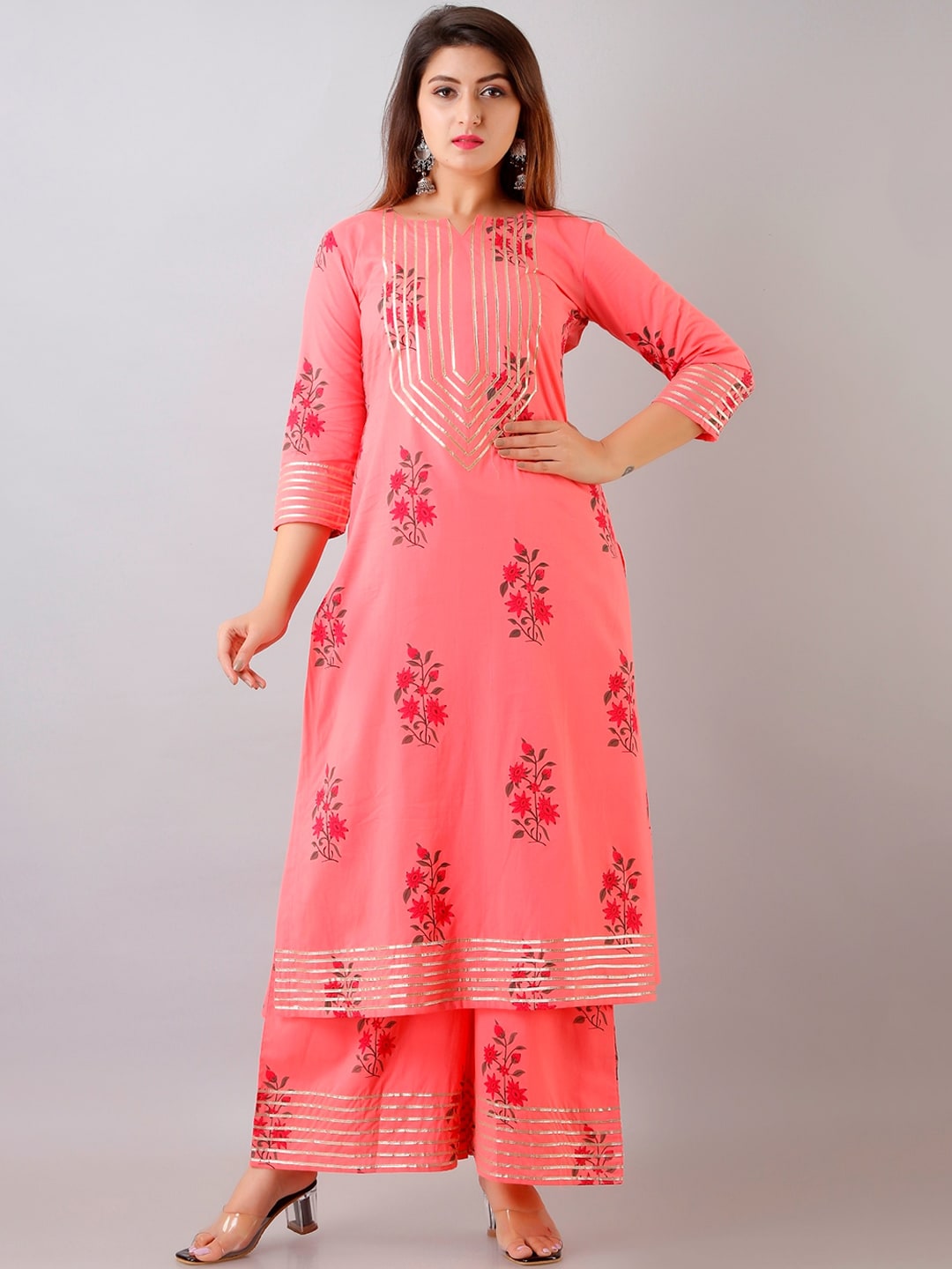 HERE&NOW Floral Printed Gotta Patti Regular Kurta with Palazzos - Distacart