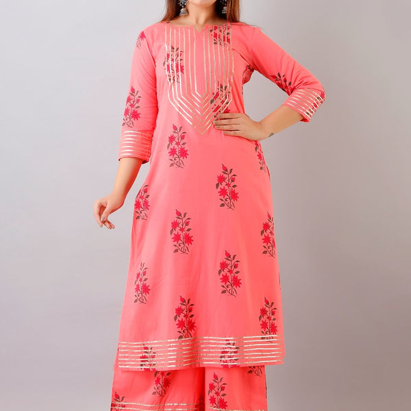 HERE&NOW Floral Printed Gotta Patti Regular Kurta with Palazzos - Distacart