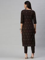 Thumbnail for Kalini Women Coffee Brown Pure Cotton Geometric Woven Design Kurta with Trousers - Distacart