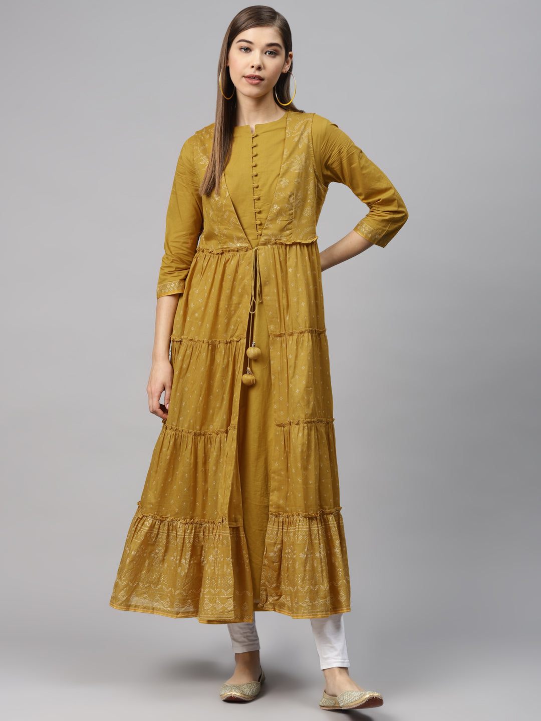 Biba Women Mustard Brown & Golden Printed Layered Anarkali Kurta - Distacart