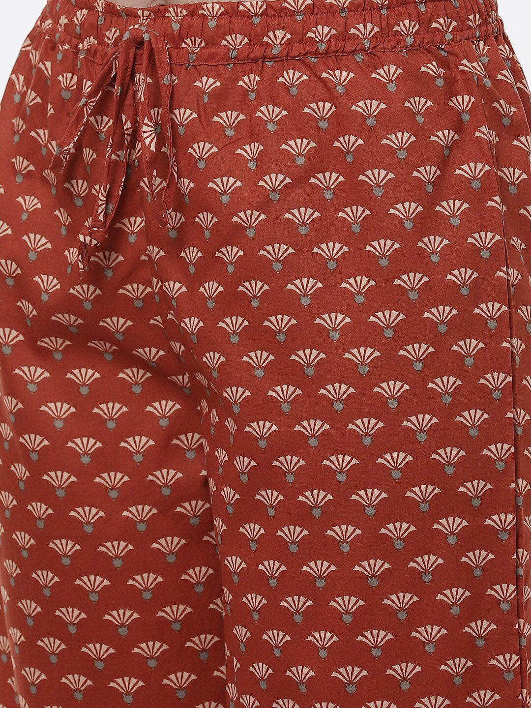 Biba Women Rust Ethnic Motifs Printed Pleated Pure Cotton Kurta with Palazzos - Distacart