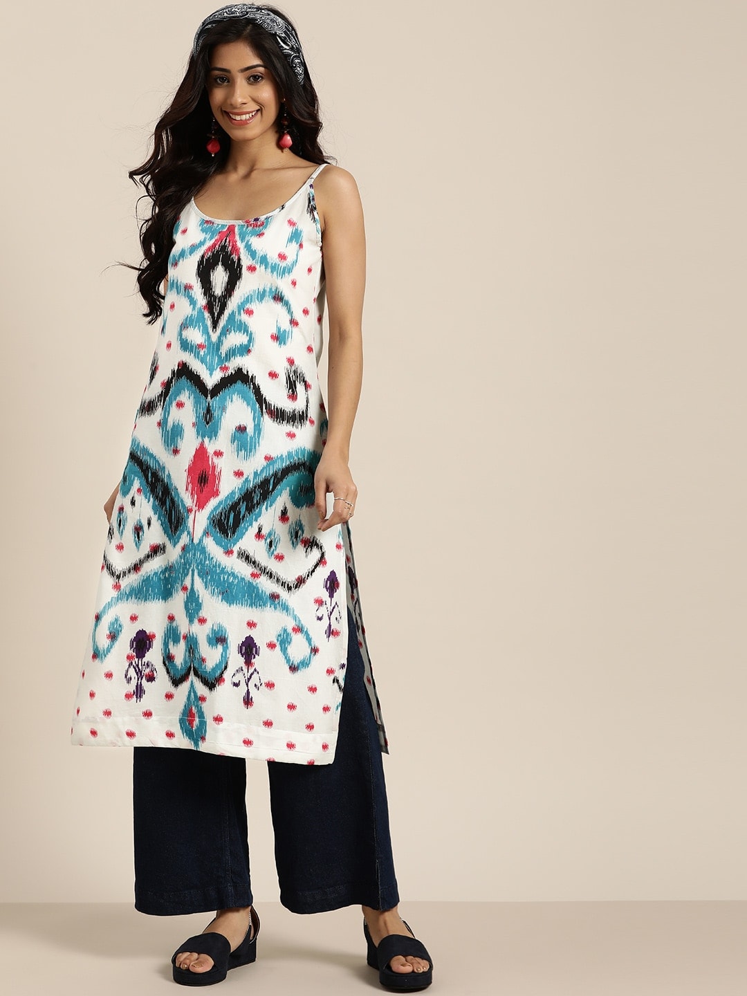Sangria Women White & Blue Pure Cotton Ethnic Motifs Printed Straight Kurta - Distacart