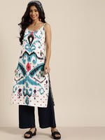 Thumbnail for Sangria Women White & Blue Pure Cotton Ethnic Motifs Printed Straight Kurta - Distacart