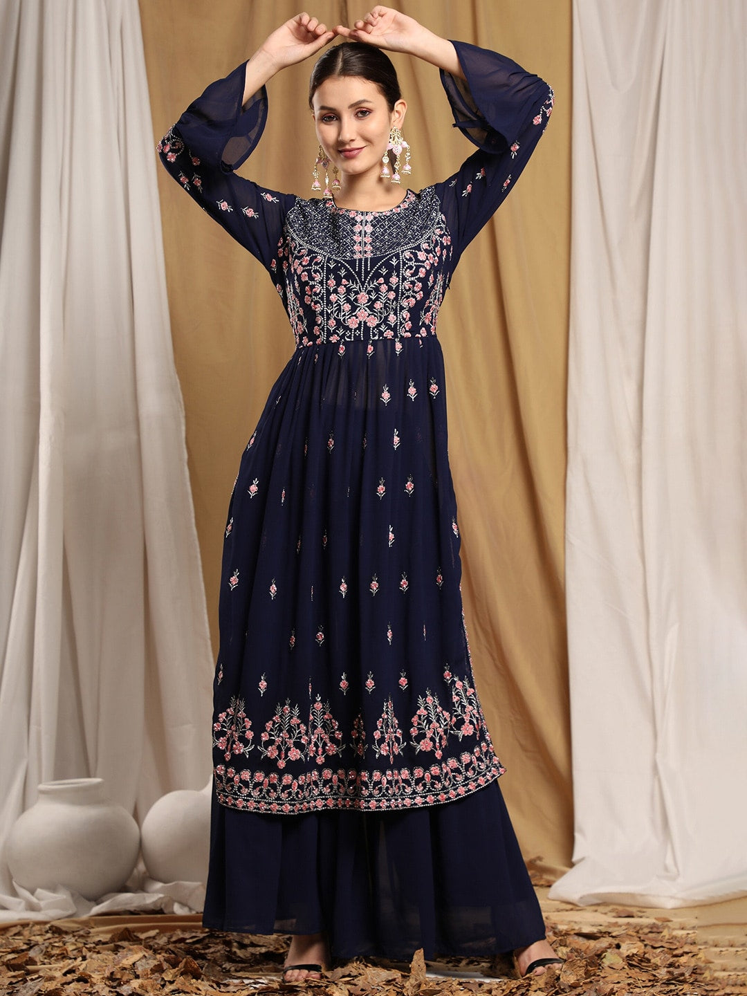 Kalini Women Navy Blue Floral Embroidered Thread Work Kurta with Sharara - Distacart