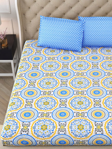 DREAM WEAVERZ Blue & Yellow Cotton Ethnic Motifs 300 TC Double Bedsheet with 2 Pillow Covers - Distacart