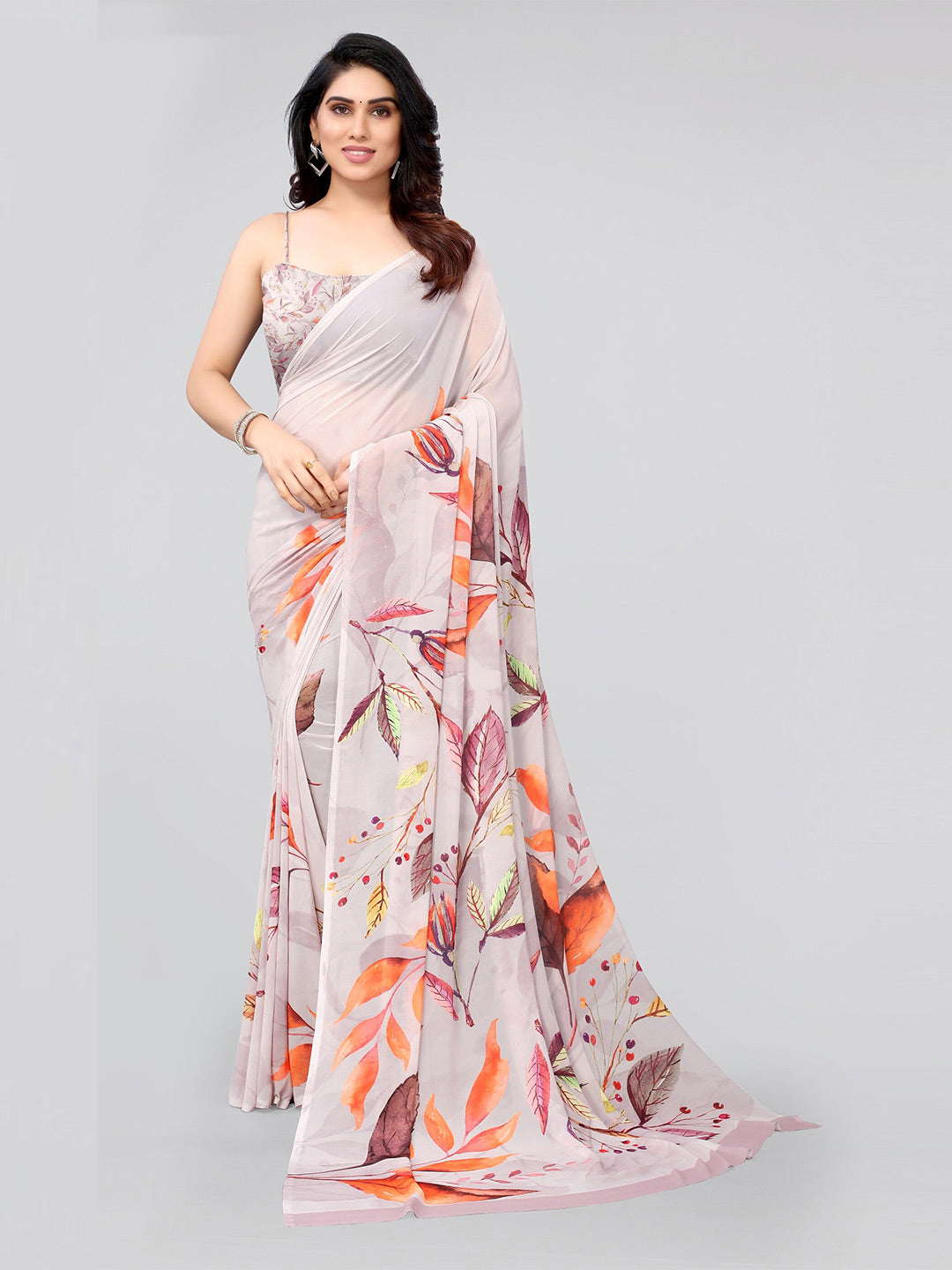 Kalini Beige & Orange Floral Saree - Distacart
