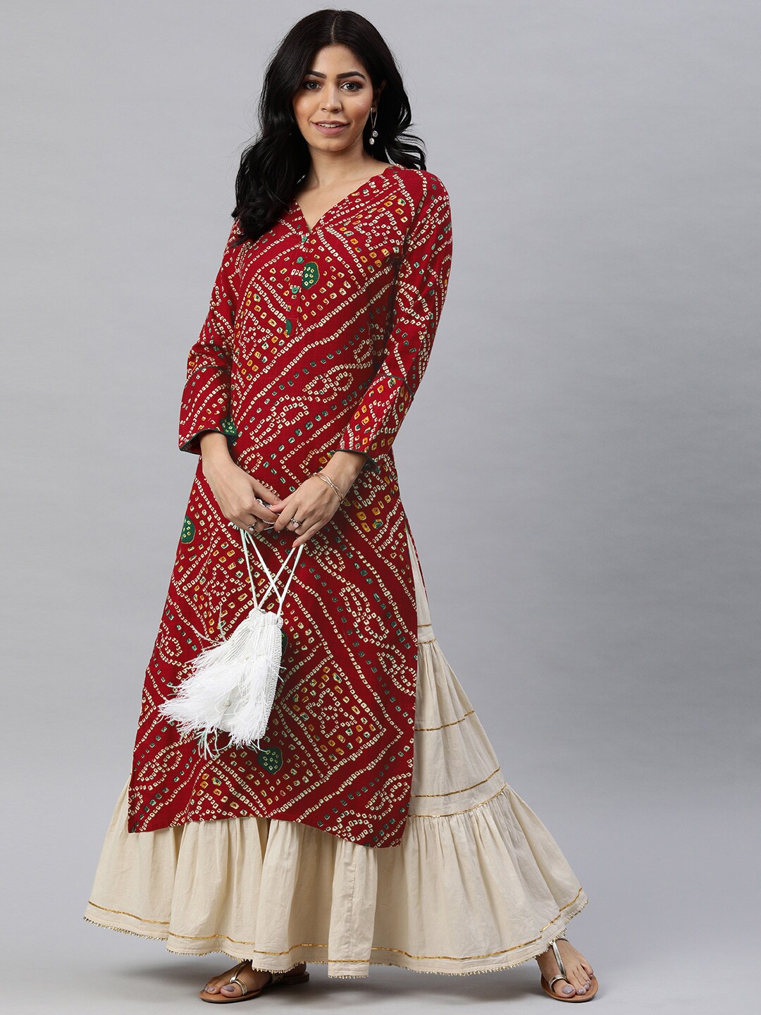 Ahika Women Red & Beige Bandhani Printed Straight Kurta - Distacart