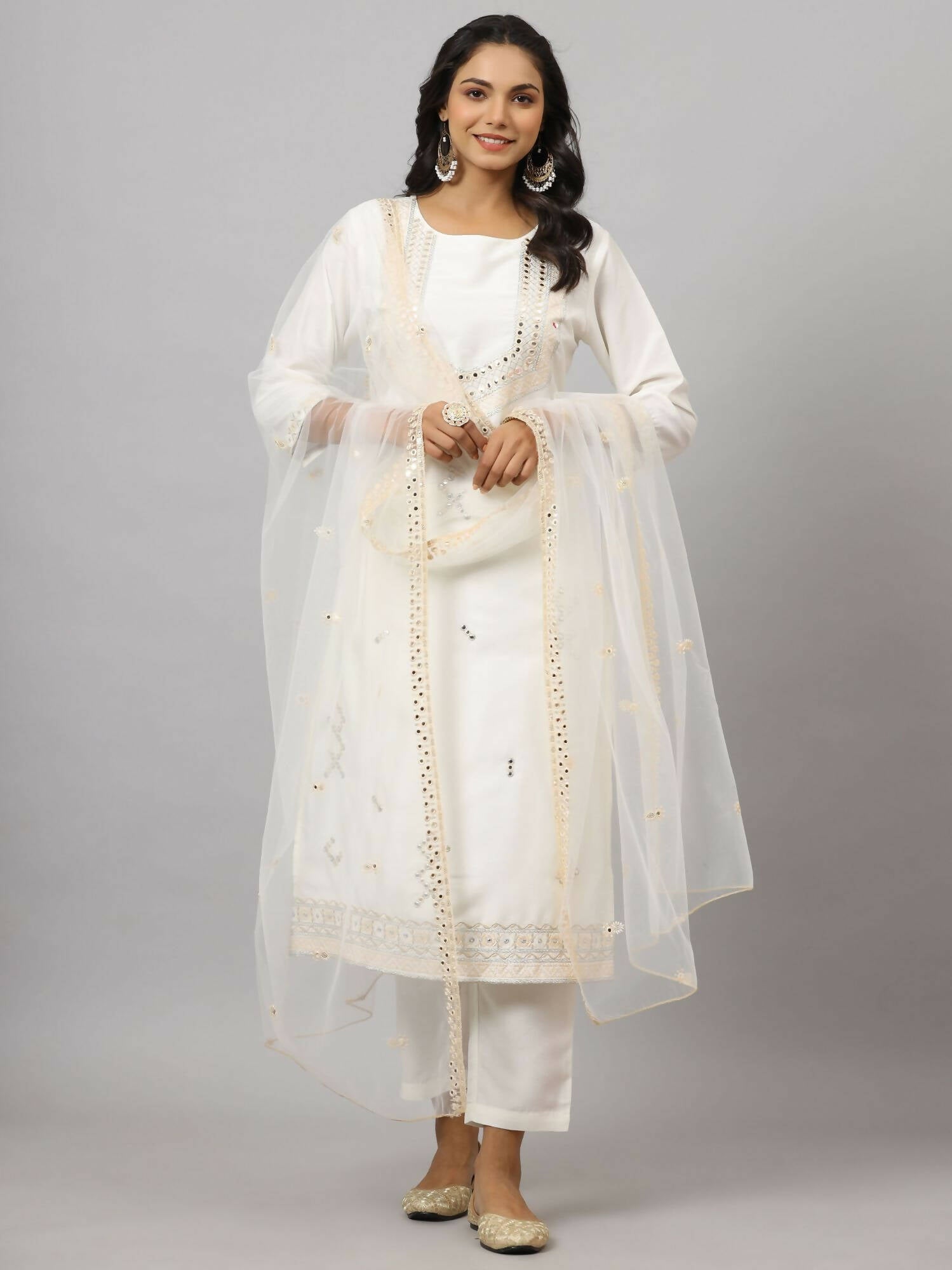 Juniper Women's White Chinnon Solid Embroidered Kurta Set - Distacart