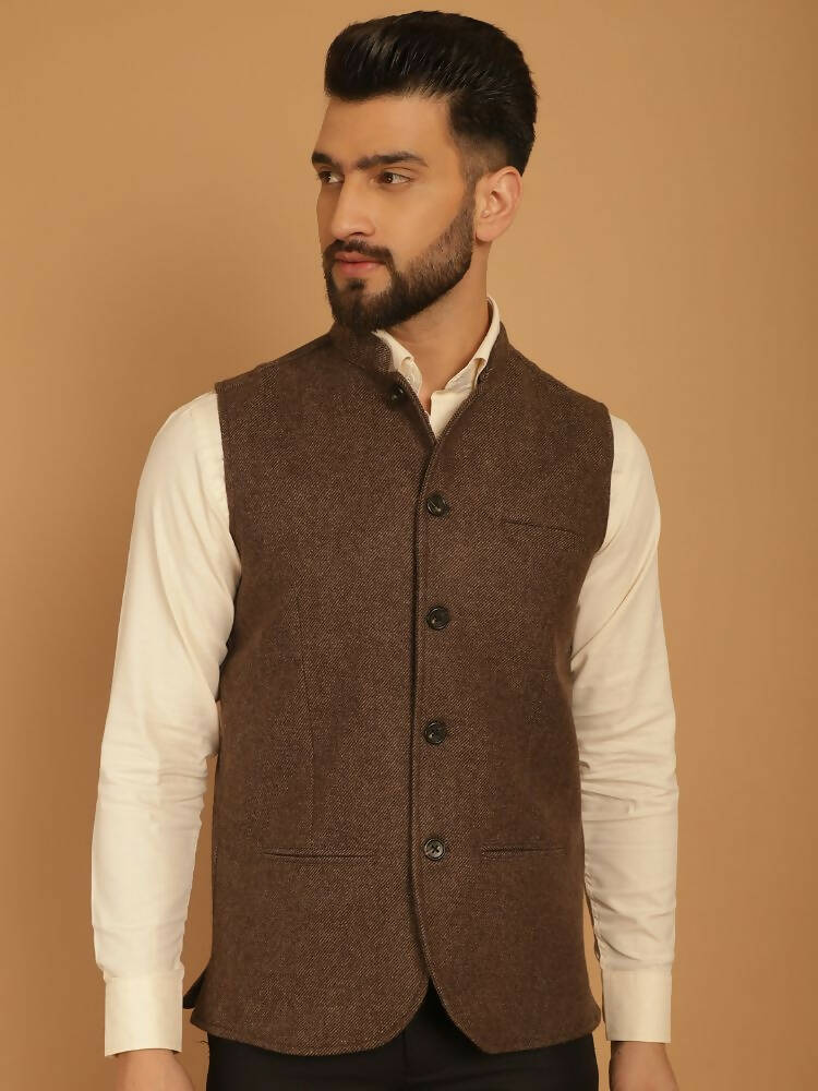 Even Apparels Pure Wool Nehru Jacket - Brown - Distacart