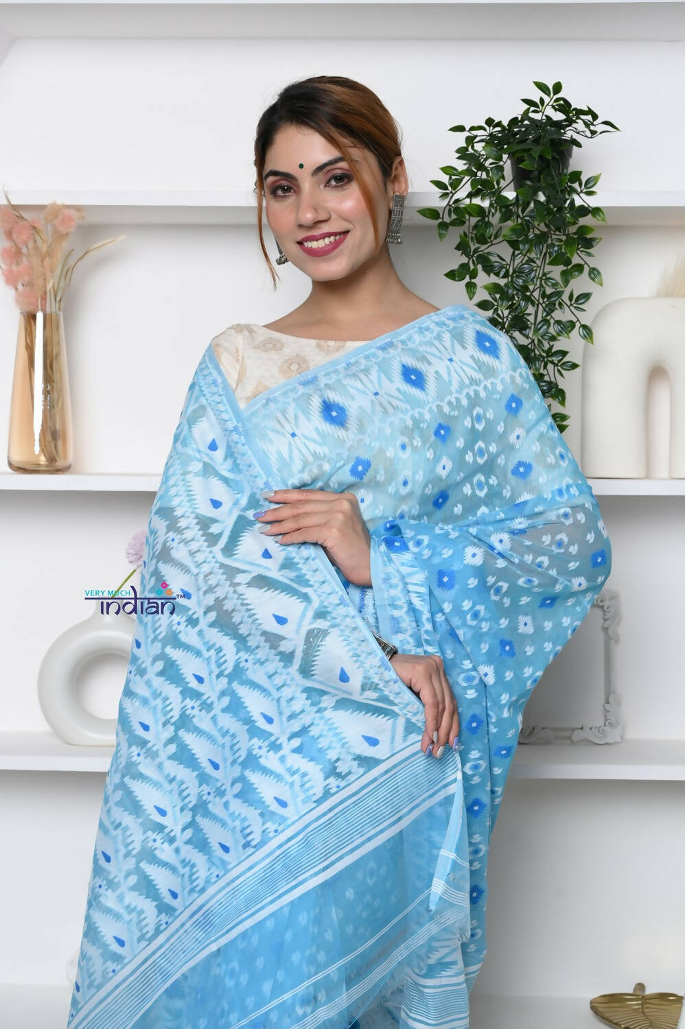 Very Much Indian Jamdhani Cotton Saree - Powder Blue - Distacart