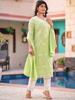 Thumbnail for Sangria Green Embroidered Pure Cotton Straight Kurta With Trouser & Dupatta - Distacart