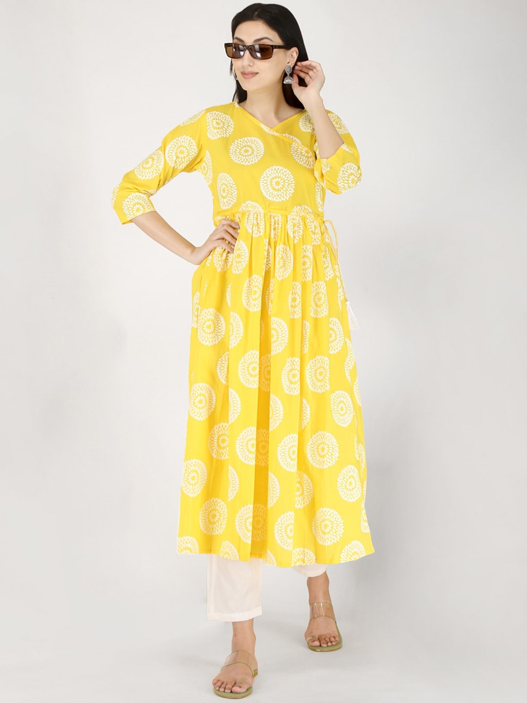 Kalini Women Yellow & White Ethnic Motifs Printed Floral Anarkali Pure Cotton Kurta - Distacart