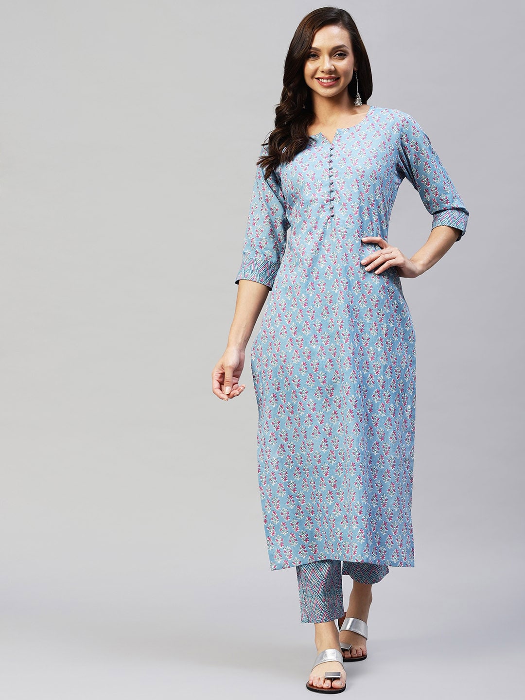 Kalini Floral Printed Notch Collar Kurta with Trousers - Distacart