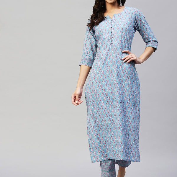 Kalini Floral Printed Notch Collar Kurta with Trousers - Distacart