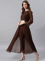 Thumbnail for Janasya Brown High Slit Floor Length Anarkali Kurta & Trousers - Distacart