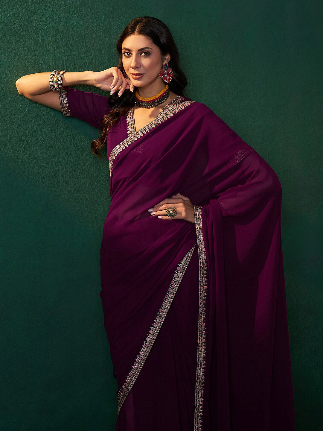 Sangria Embroidered Bordered Sarees - Distacart