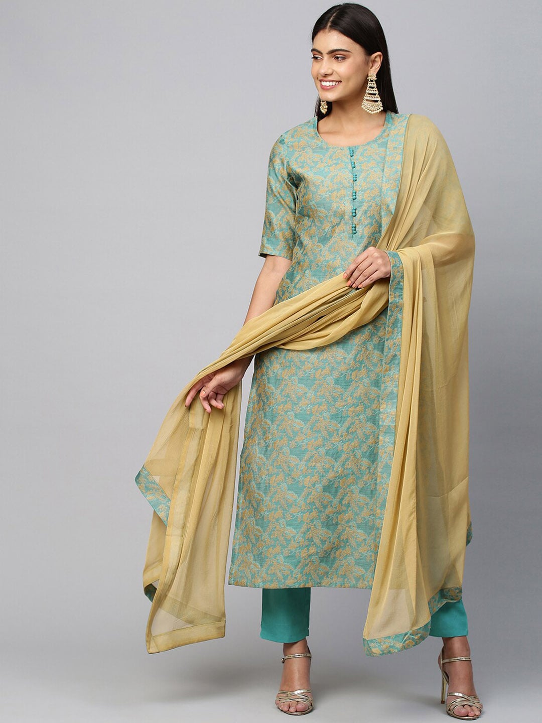 Kalini Women Sea Green Ethnic Motifs Woven Kurti with Trousers & With Dupatta - Distacart