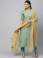 Thumbnail for Kalini Women Sea Green Ethnic Motifs Woven Kurti with Trousers & With Dupatta - Distacart