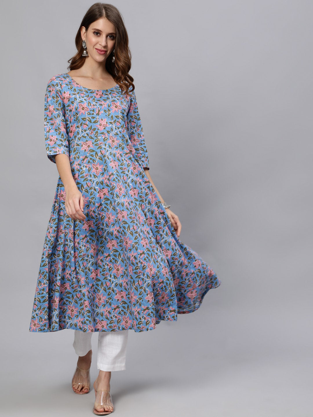 Jaipur Kurti Women Blue Floral Printed Cotton Anarkali Kurta - Distacart