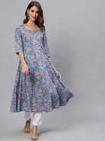 Thumbnail for Jaipur Kurti Women Blue Floral Printed Cotton Anarkali Kurta - Distacart