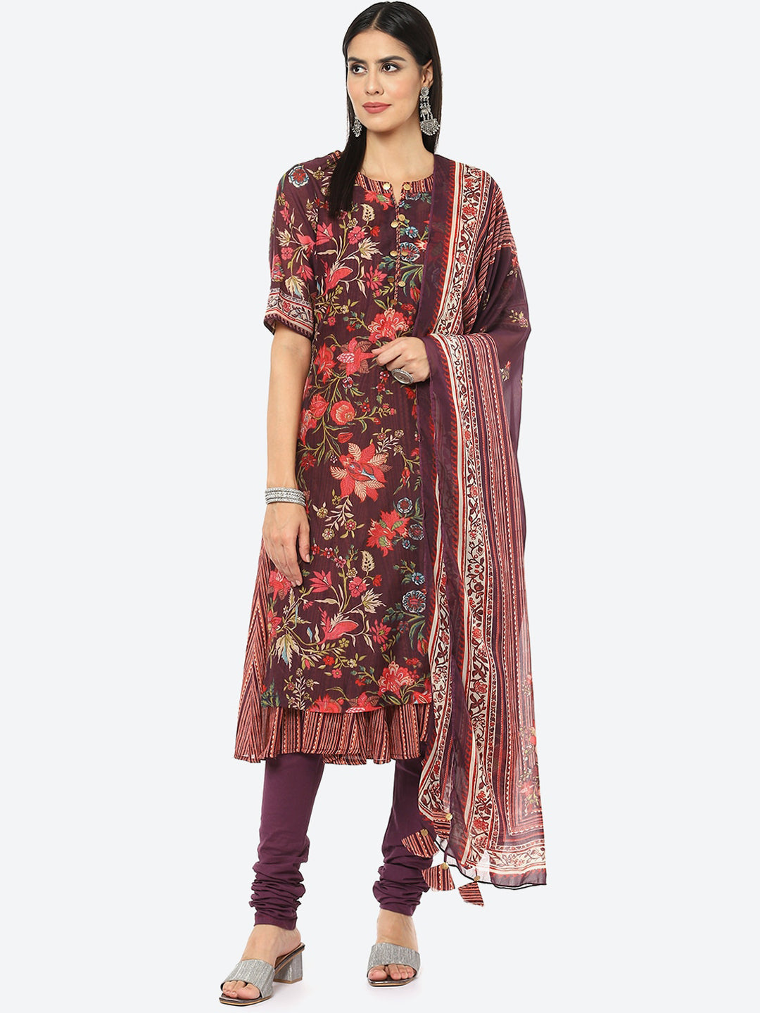 Biba Women Maroon Floral Printed Kurta with Churidar & Dupatta - Distacart