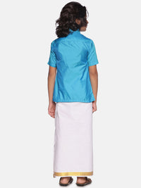 Thumbnail for Sethukrishna Boys Turquoise Blue & White Solid Cotton Shirt & Dhoti Set - Distacart