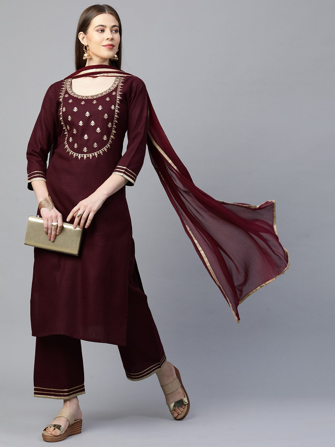 Kalini Women Maroon Gotta Patti Embroidered Kurta with Palazzos & Dupatta - Distacart