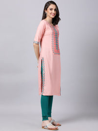 Thumbnail for Souchii Women Peach-Coloured & Blue Ethnic Motifs Yoke Design Thread Work Pastels Kurta - Distacart