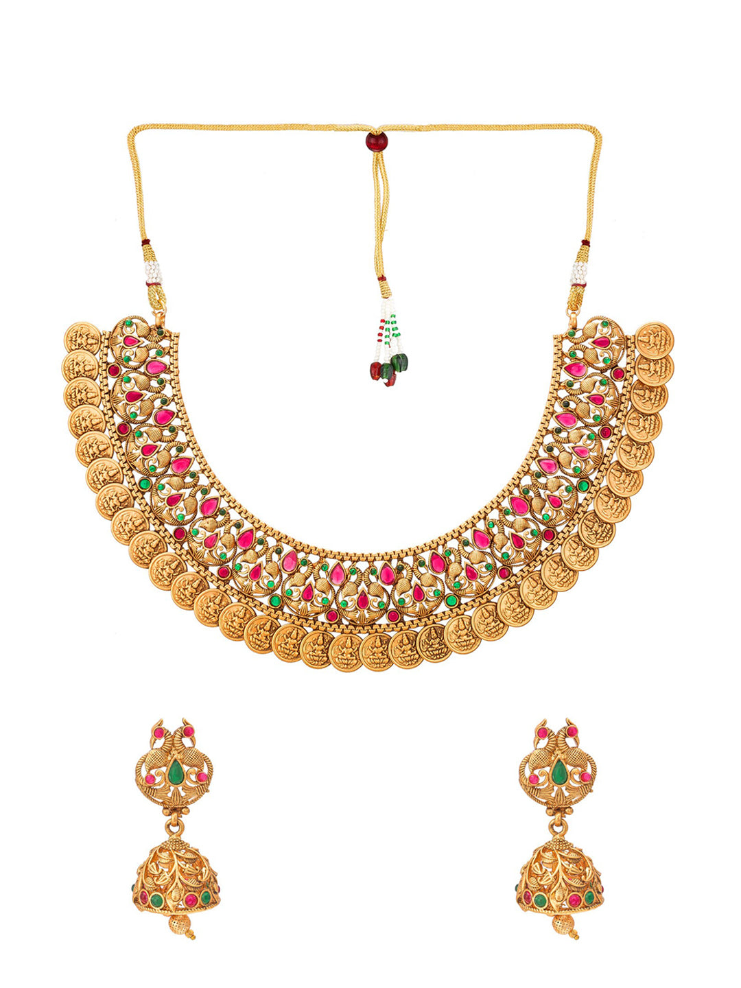Aadita Gold-Plated Green & Pink Stone-Studded & Pearl Beaded Jewellery Set - Distacart