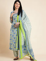 Thumbnail for Sangria White Floral Printed V-Neck Pure Cotton Anarkali Kurta With Trouser & Dupatta - Distacart