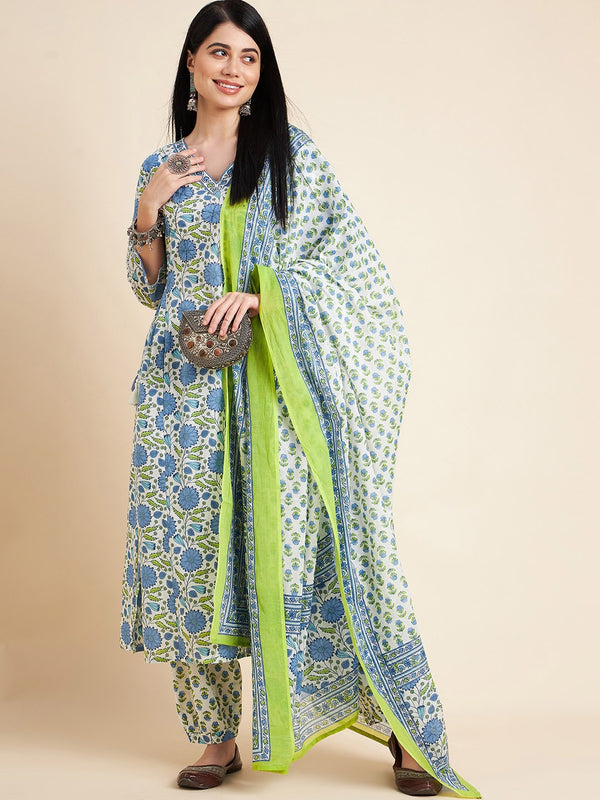 Sangria White Floral Printed V-Neck Pure Cotton Anarkali Kurta With Trouser & Dupatta - Distacart