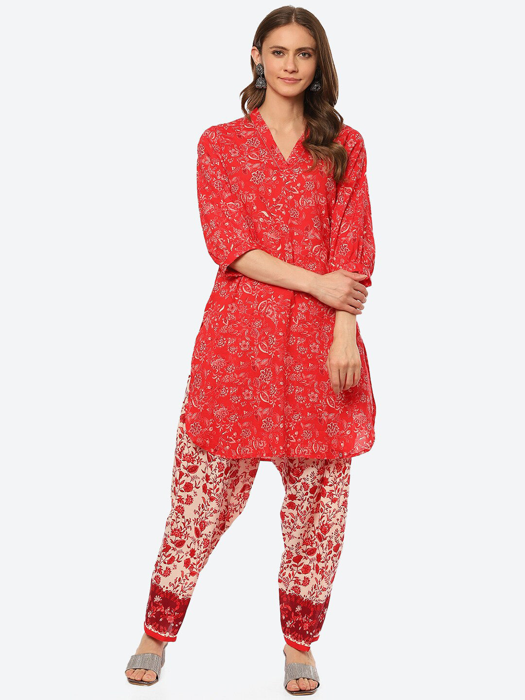 Biba Women Red Floral Printed Kurta with Trousers - Distacart