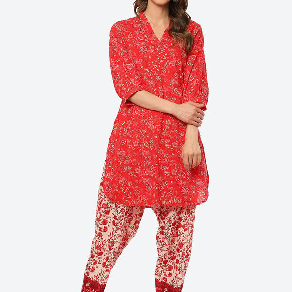 Biba Women Red Floral Printed Kurta with Trousers - Distacart