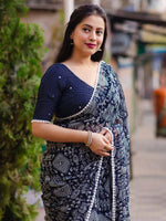 Thumbnail for Mitera Navy Blue & White Warli Printed Mirror Work Saree - Distacart