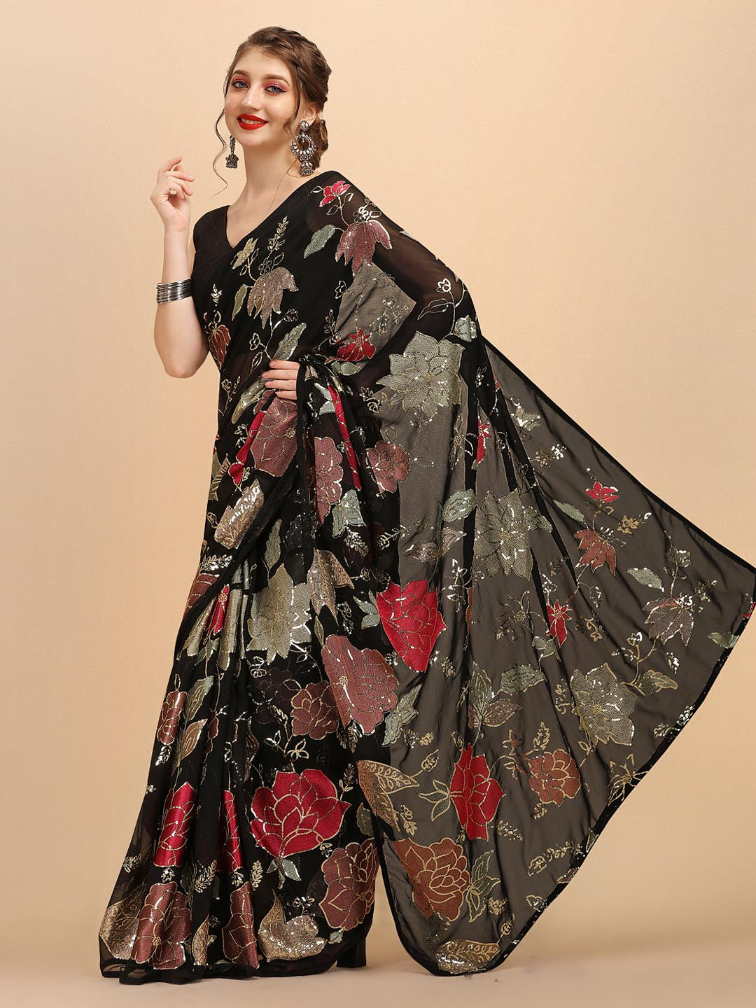 Sangria Black & Red Floral Sequinned Pure Georgette Saree - Distacart