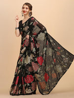 Thumbnail for Sangria Black & Red Floral Sequinned Pure Georgette Saree - Distacart