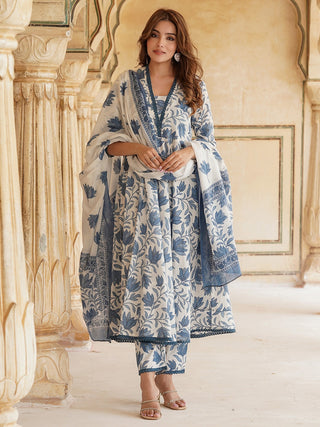 Kalini Floral Printed Regular Pure Cotton Kurta & Trousers With Dupatta - Distacart