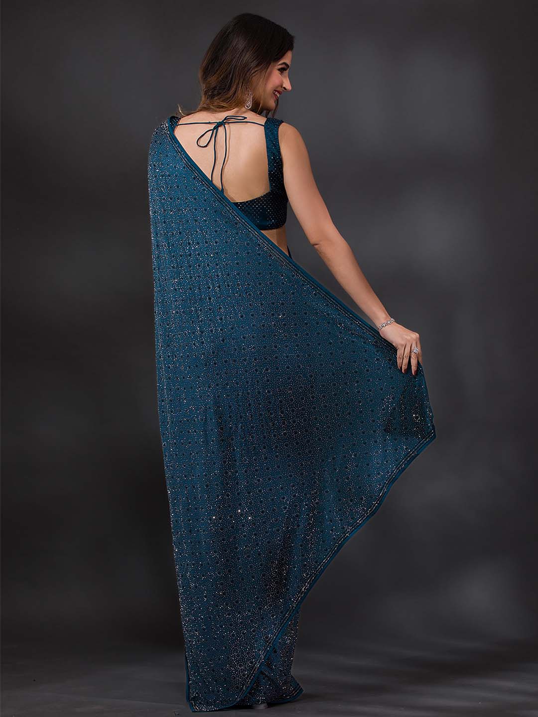 Koskii Embellished Stones Work Poly Crepe Saree With Blouse Piece - Distacart