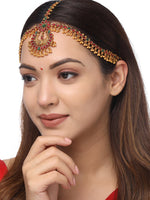 Thumbnail for Yellow Chimes Gold-Toned Green Kundan Layered Temple Bridal Traditional Matha Patti - Distacart