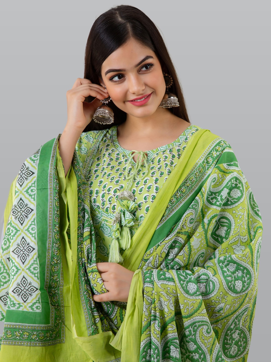 Kalini Women Green Paisley Printed Panelled Pure Cotton Kurta with Churidar & With Dupatta - Distacart