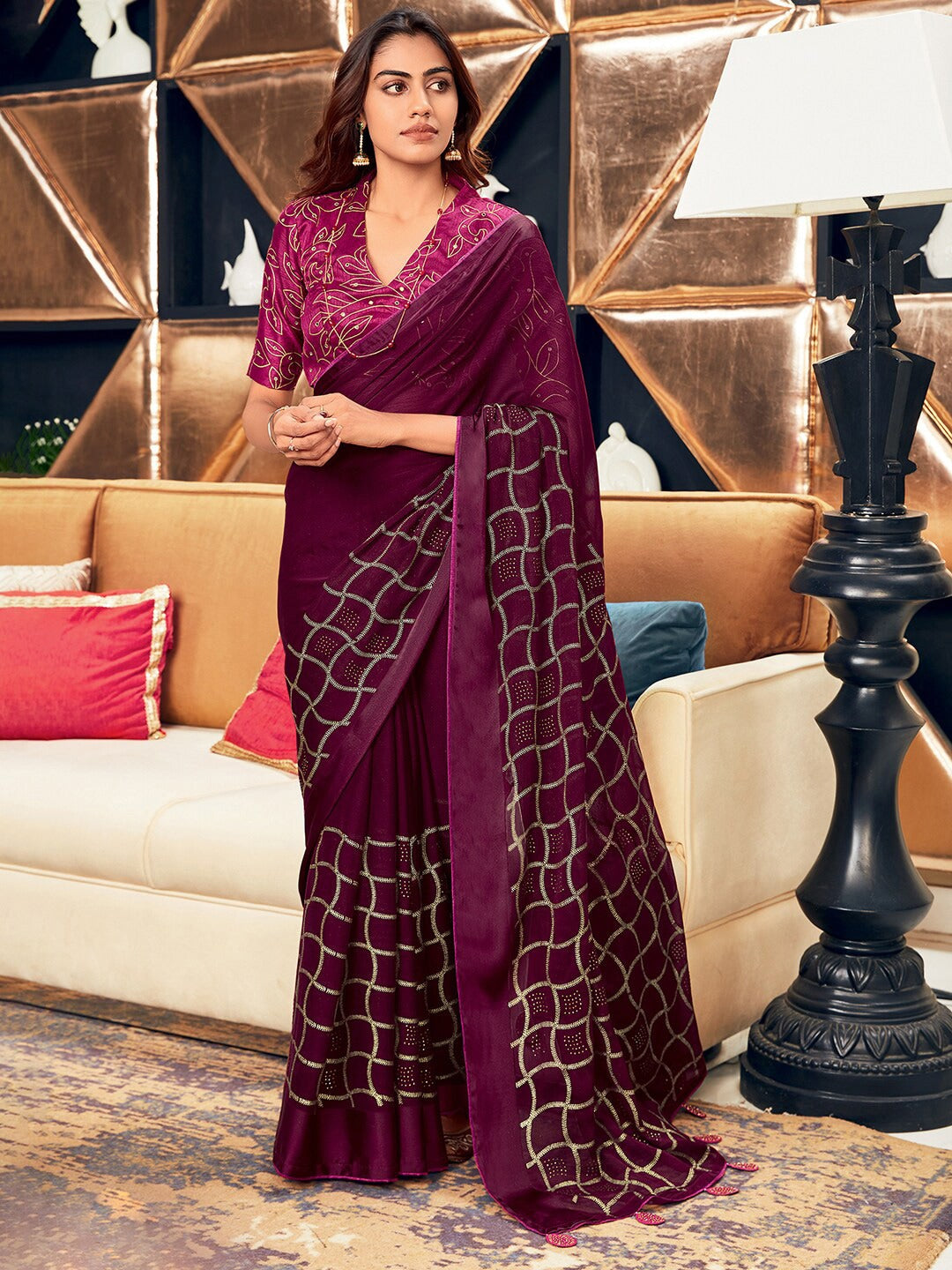 Saree Mall Magenta & Gold-Toned Ethnic Printed Silk Blend Sarees - Distacart