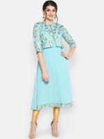 Thumbnail for Janasya Turquoise Blue & Gold-Toned Printed A-Line Kurta - Distacart