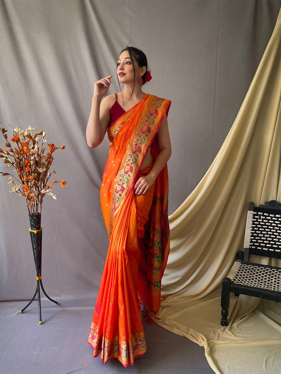 Mitera Orange & Green Ethnic Motif Woven Design Zari Paithani Saree - Distacart