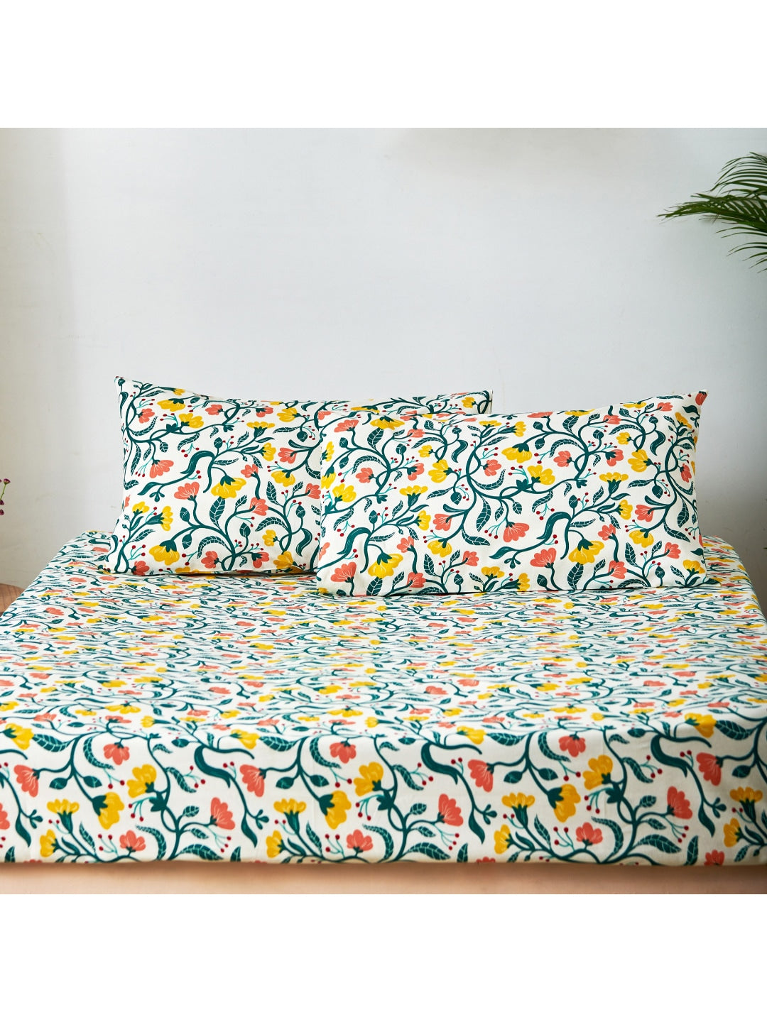 Chumbak White & Yellow Floral 136 TC Cotton 1 Queen Bedsheet with 2 Pillow Covers - Distacart
