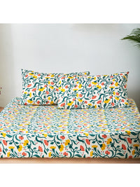 Thumbnail for Chumbak White & Yellow Floral 136 TC Cotton 1 Queen Bedsheet with 2 Pillow Covers - Distacart