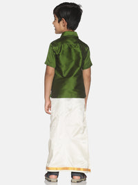 Thumbnail for Sethukrishna Olive Green & White Solid Shirt and Veshti Set For Boys - Distacart