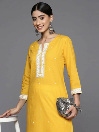 Varanga Women Mustard Kurta, Three Quarter Sleeves, Round Neck , Straight Kurta With Side Slits - Distacart